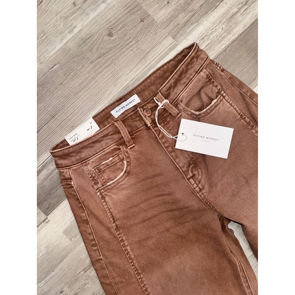Flying Monkey Barrel Fit Jeans Women Brown High Rise Seam Detail Size 26 NWT - Picture 3 of 8